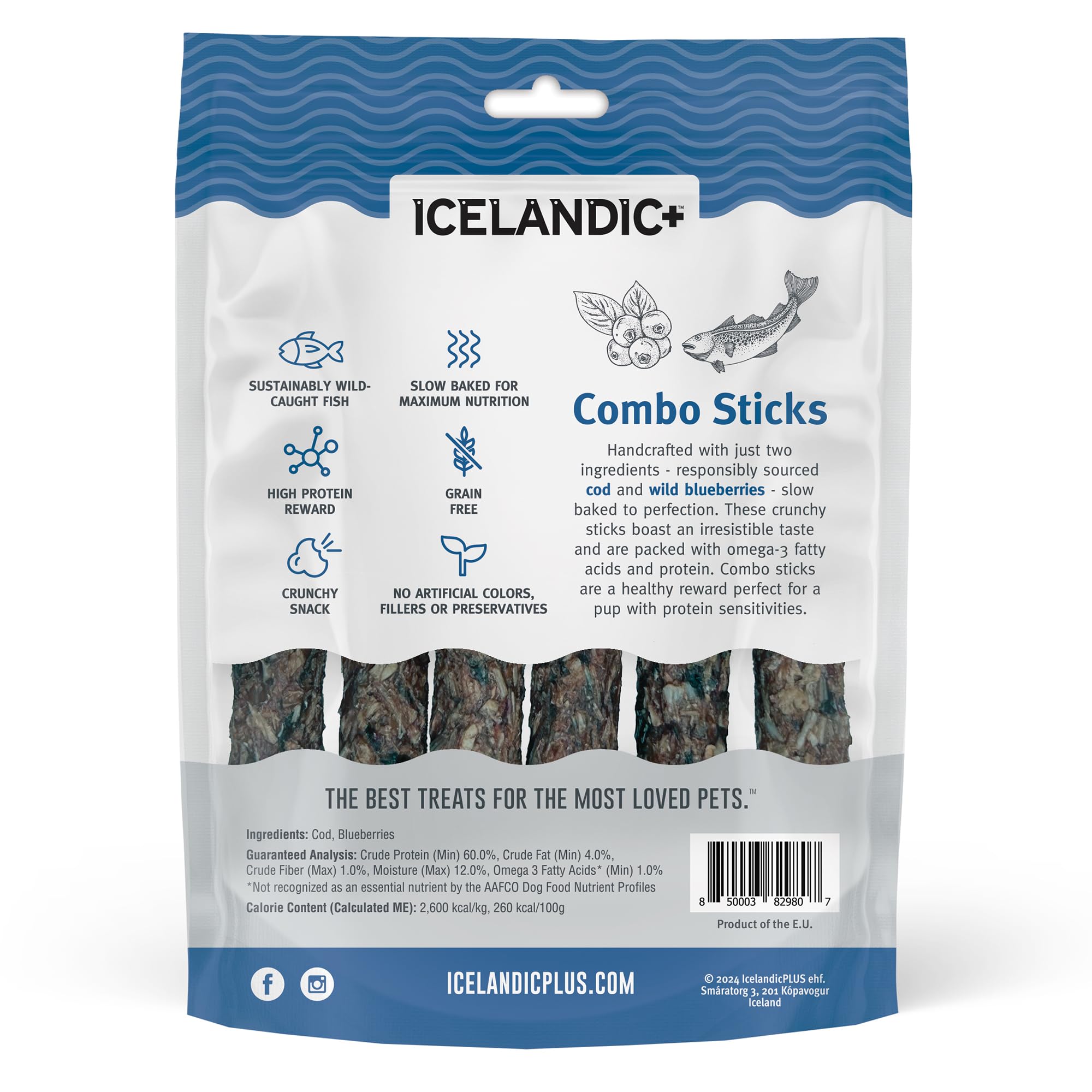 Bastones Icelandic+ con bacalao y arándano; textura crujiente para perros