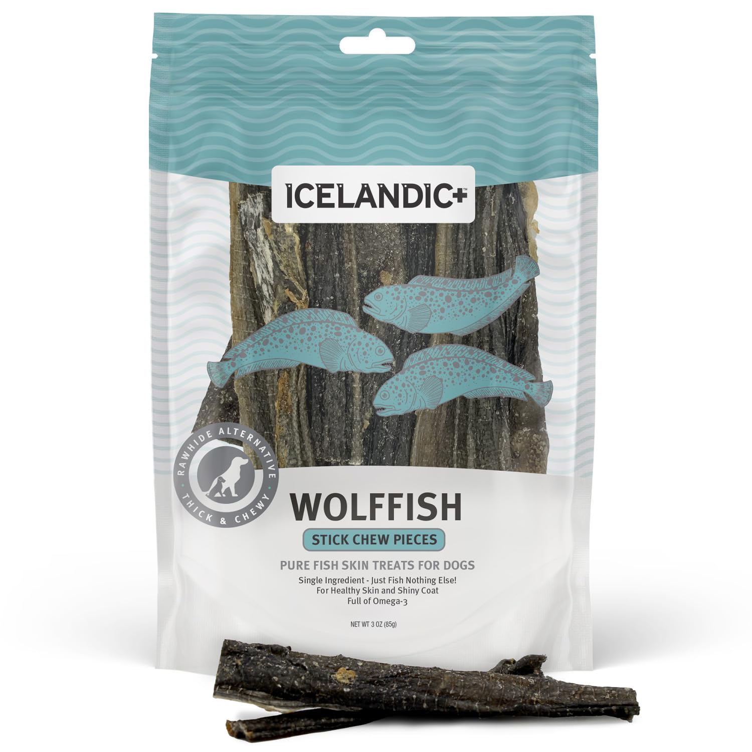 Icelandic+ palitos masticables wolffish, bolsa de 85 g, premio natural para perros.