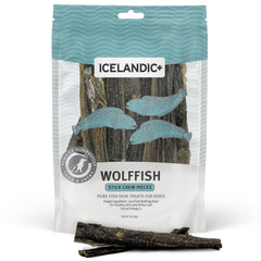 Icelandic+ palitos masticables wolffish, bolsa de 85 g, premio natural para perros.