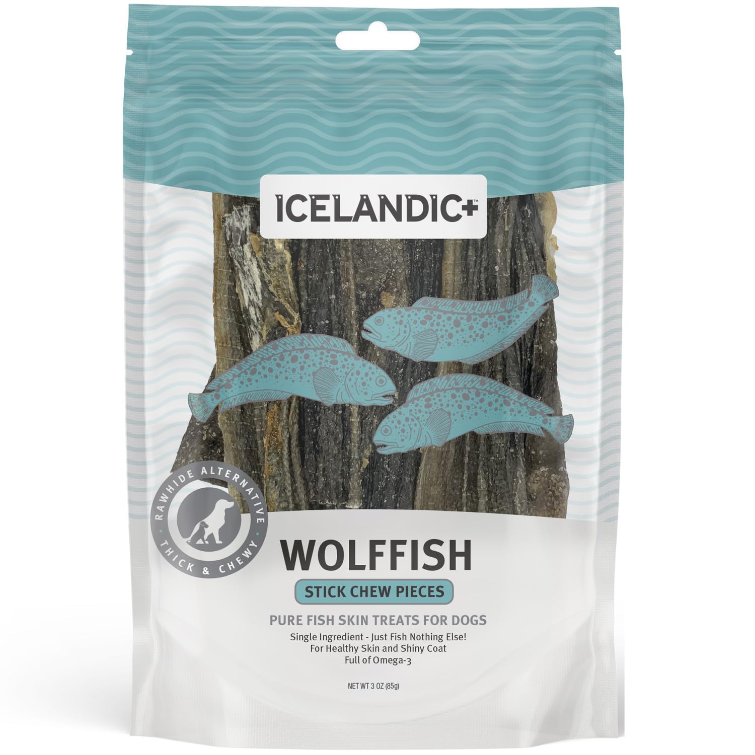 Icelandic+ recompensa proteica para perros, alto contenido de ácidos grasos omega-3 y sabor natural.