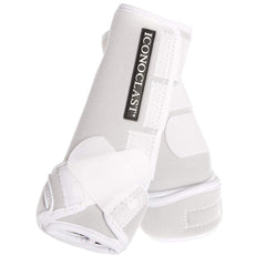 Iconoclast Frontal Botas de Soporte Ortopédico Blanco XL elevando y abrazando la pierna.