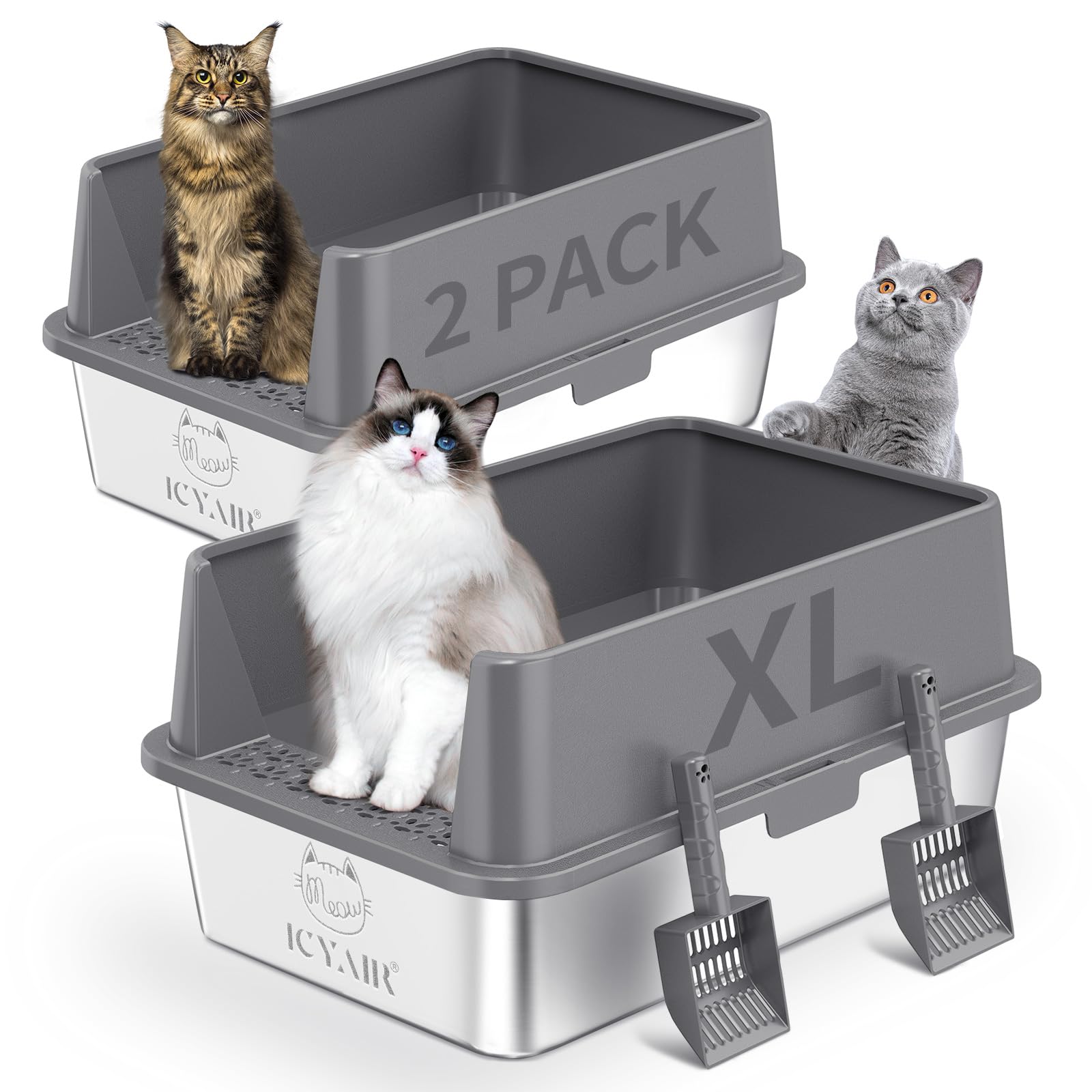 ICYAIR bandeja frontal de acero inoxidable XL, ideal para gatos grandes y limpieza fácil.