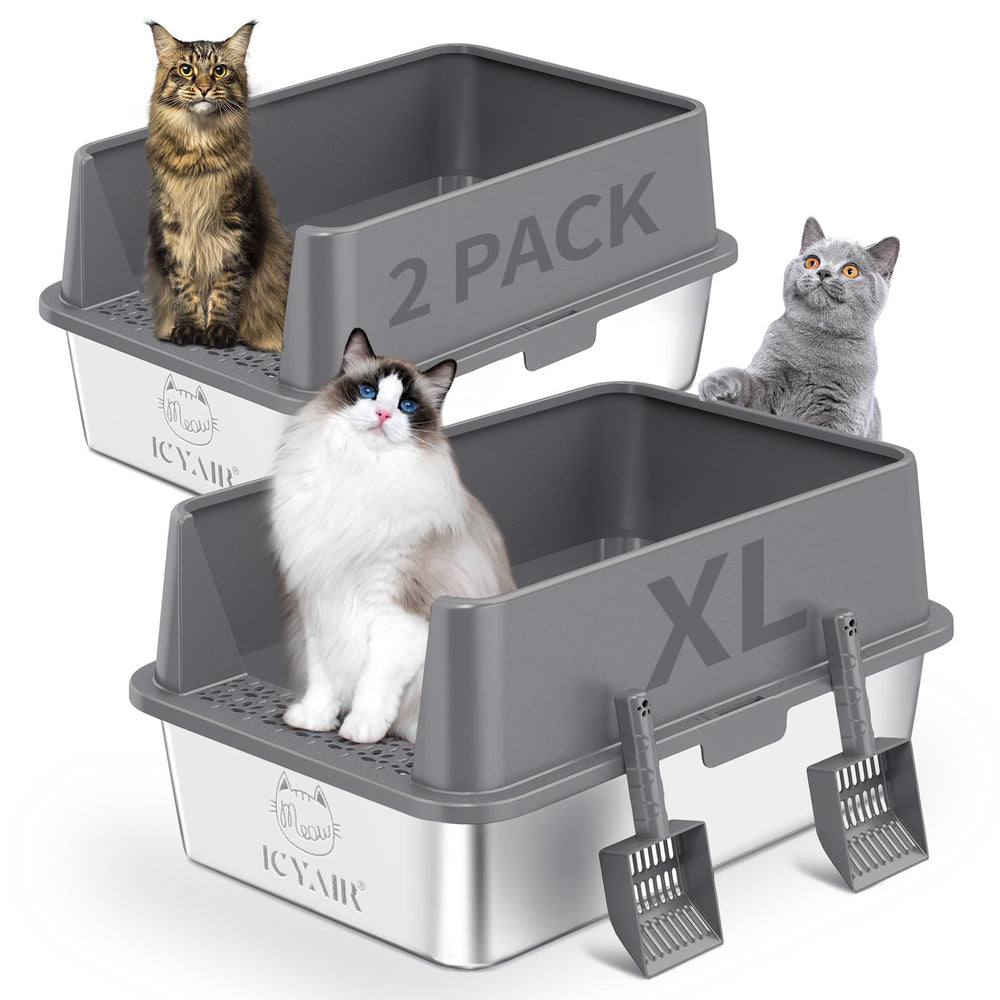 ICYAIR bandeja frontal de acero inoxidable XL, ideal para gatos grandes y limpieza fácil.