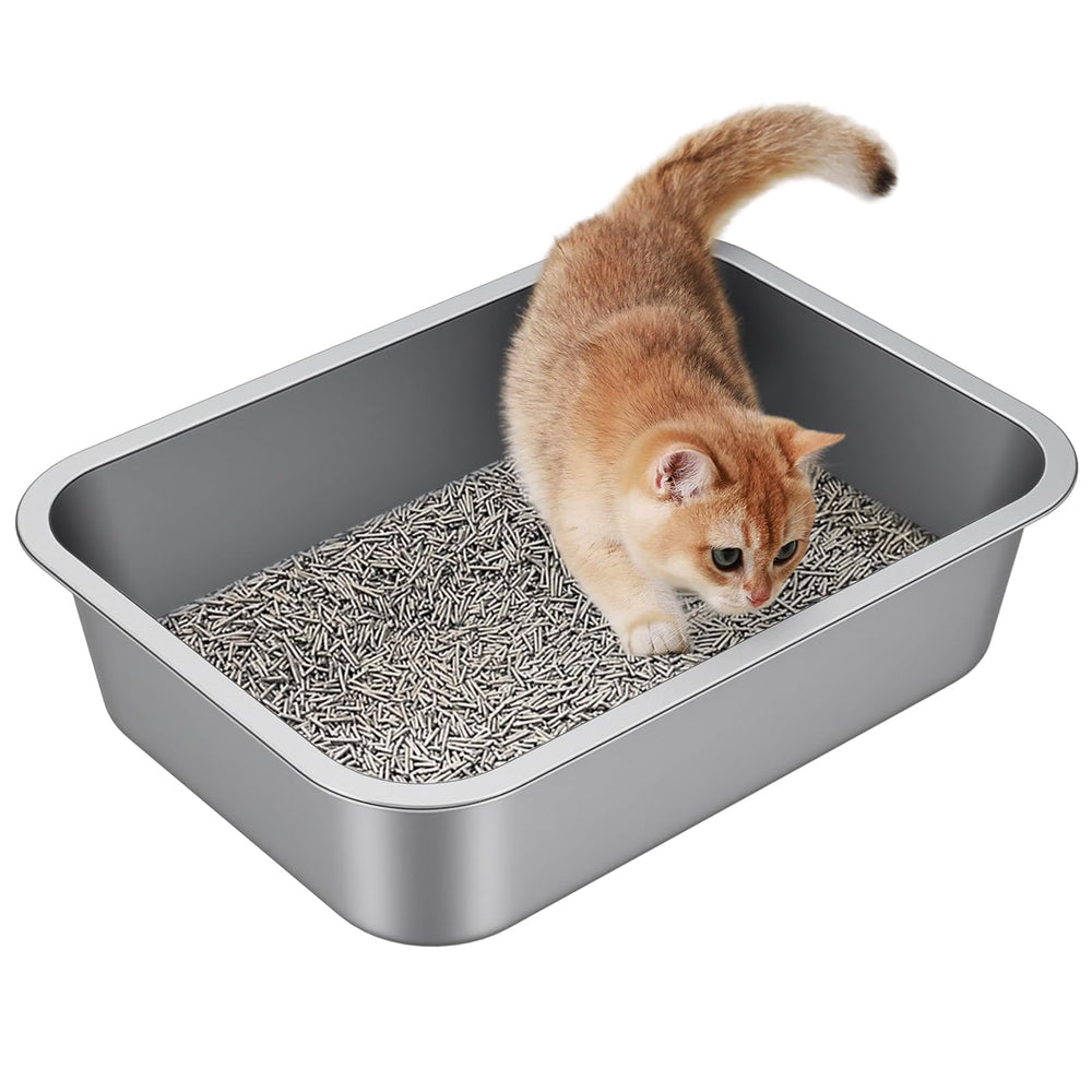 Idymere caja de arena de acero inoxidable con entrada baja para gatos pequeños.