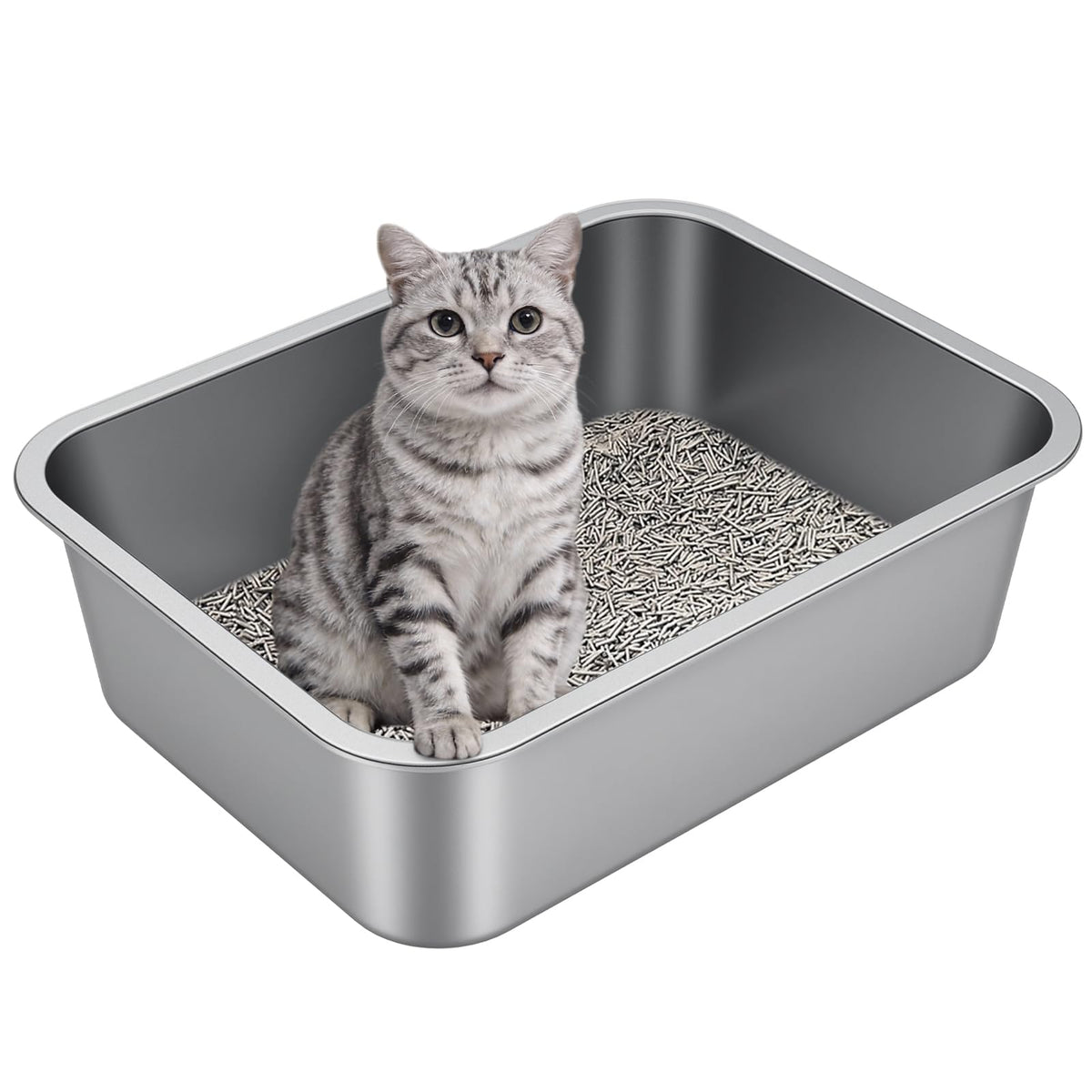 Idymere caja de arena inox borde alto, ideal para gatos activos en hogares con varios gatos.