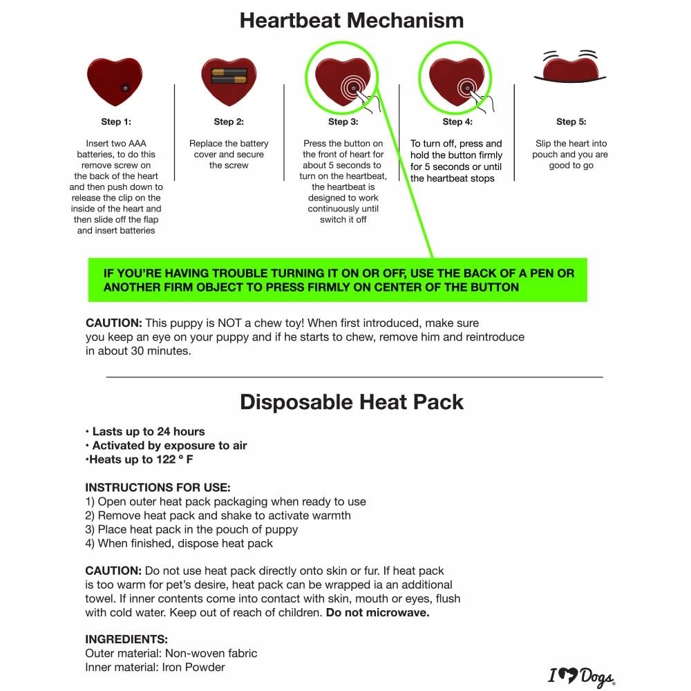 iHeartDogs Calor seguro con bolsa termica desechable para momentos de ansiedad.