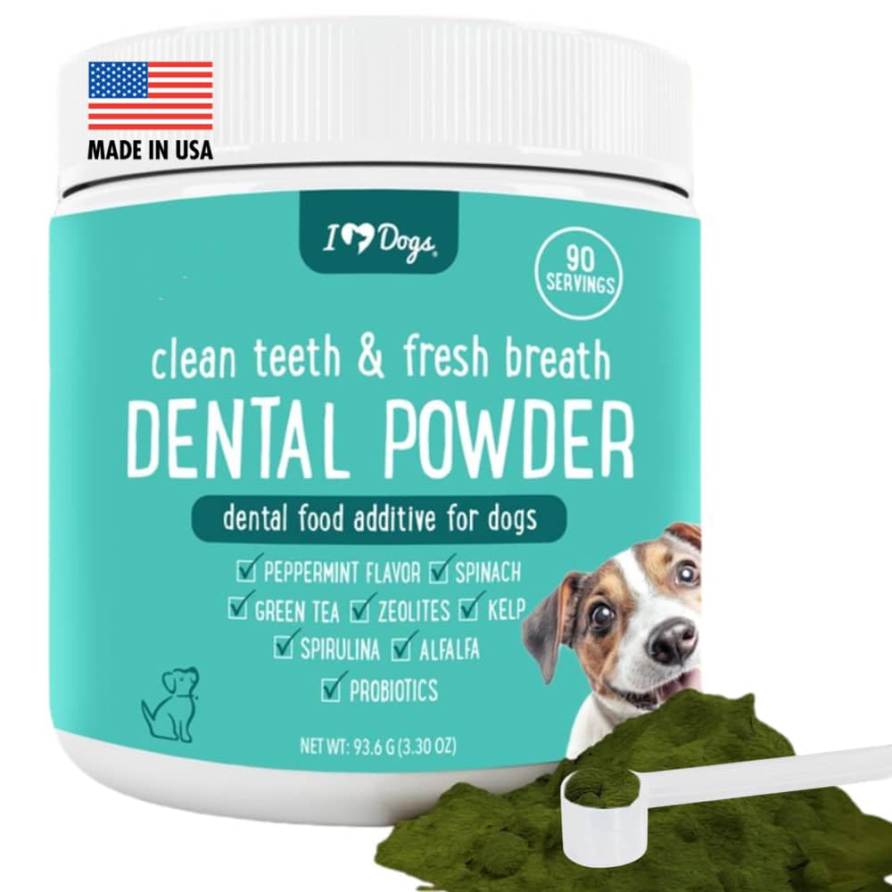 iHeartDogs Polvo dental para perros, apoyo suave para limpieza bucal y aliento fresco.