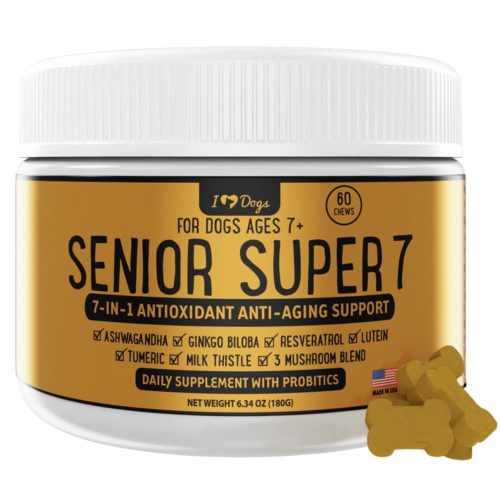 iHeartDogs Senior Super 7: botella del suplemento para perros mayores, ideal para apoyar la vitalidad.