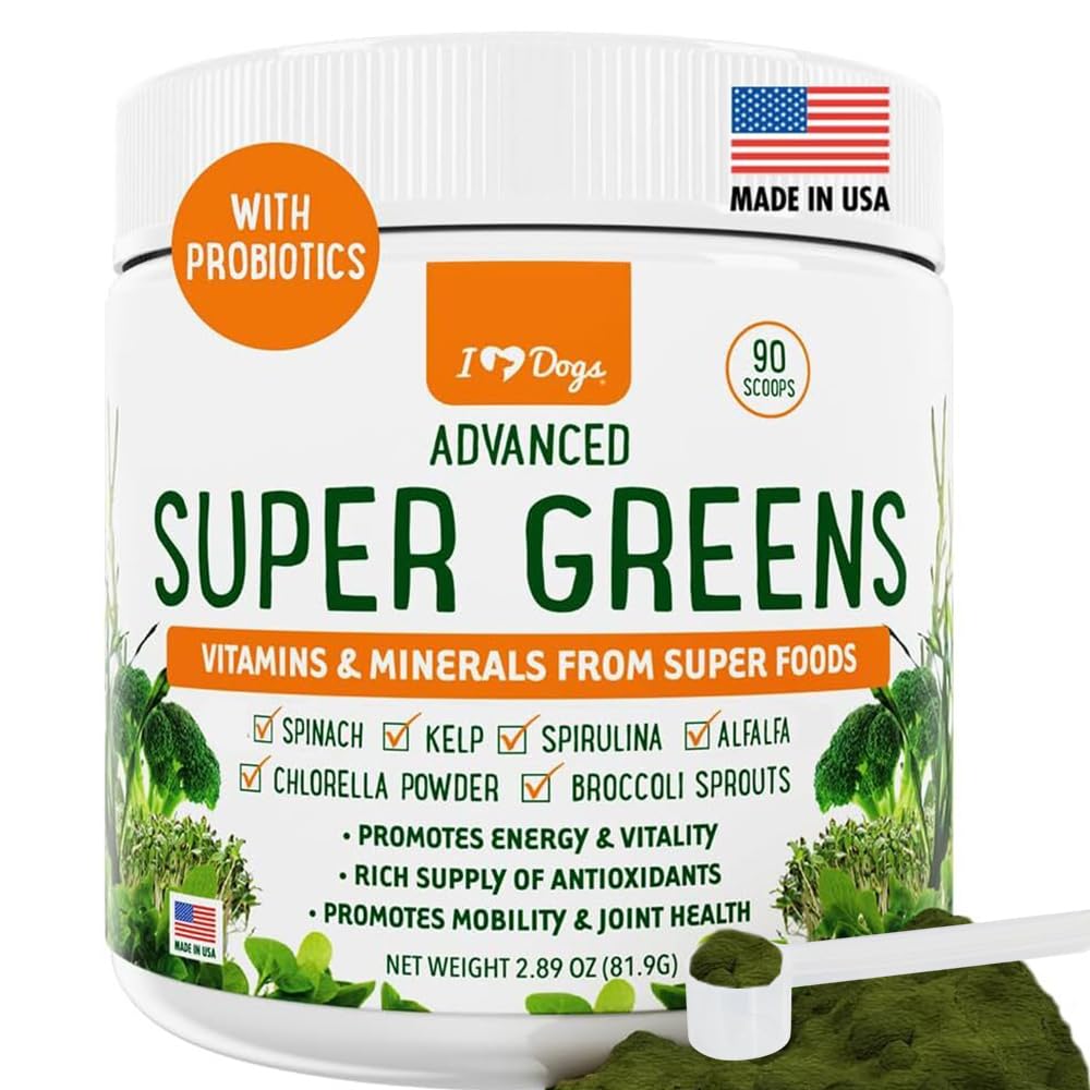 iHeartDogs Super Greens frasco polvo, color verde intenso y aroma herbáceo.