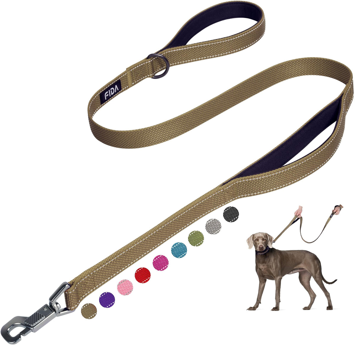 Fida 4 ft Dog Leash - Padded Double Handle, Easy Hook and Reflective