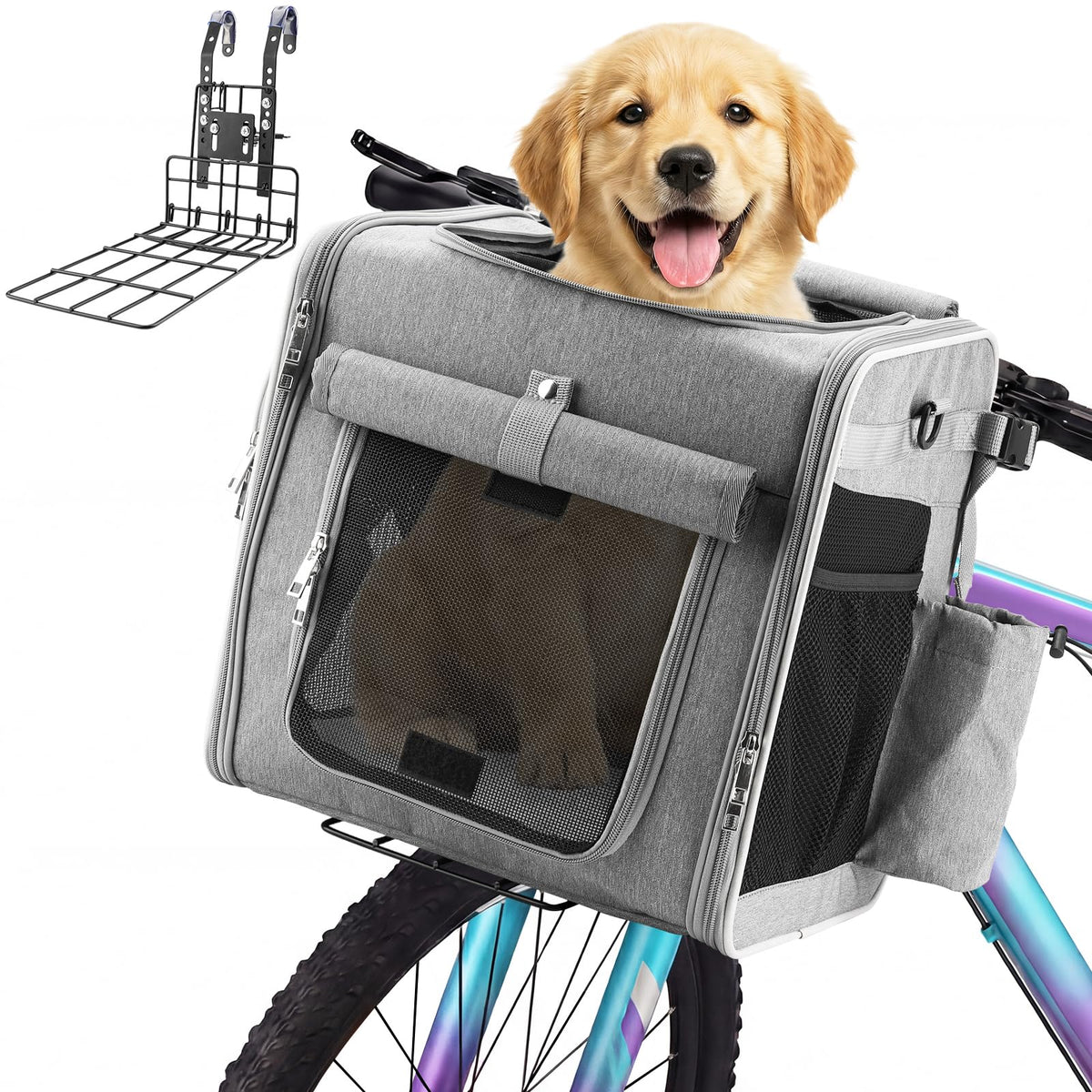 Ramalto Cesta de bicicleta extensible para perros con soporte de montaje seguro, transportín mochila plegable multifunción para perros pequeños y gatos, con hebilla de seguridad y 4 ventanas de malla de ventilación