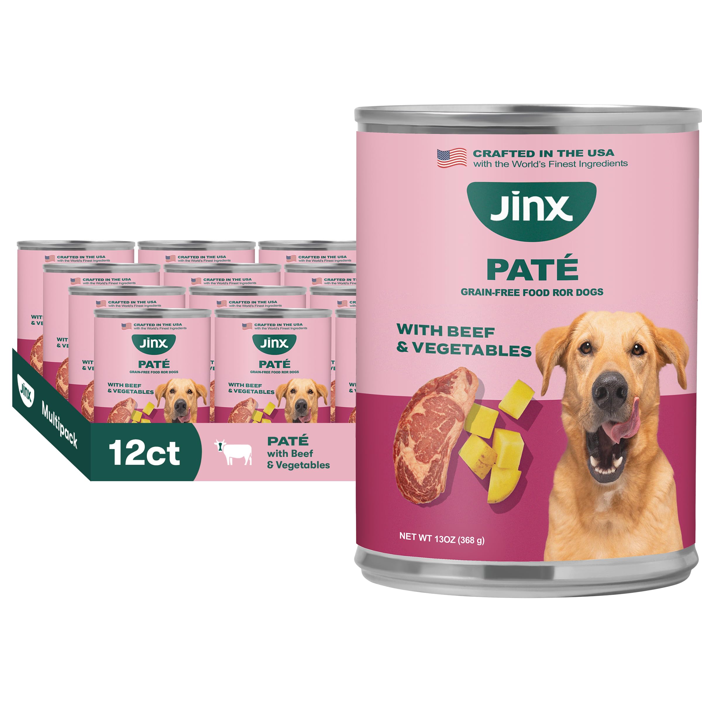 Jinx Premium Wet Dog Food - Beef Pâté, Grain-Free, 12 x 13 oz Pack