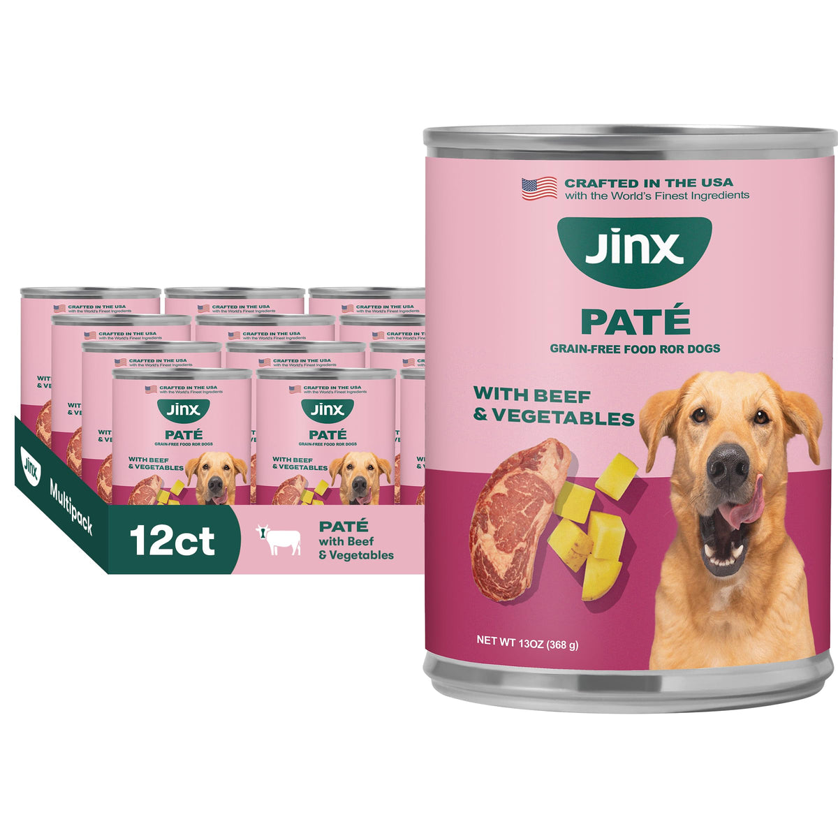 Jinx Premium Wet Dog Food - Beef Pâté, Grain-Free, 12 x 13 oz Pack