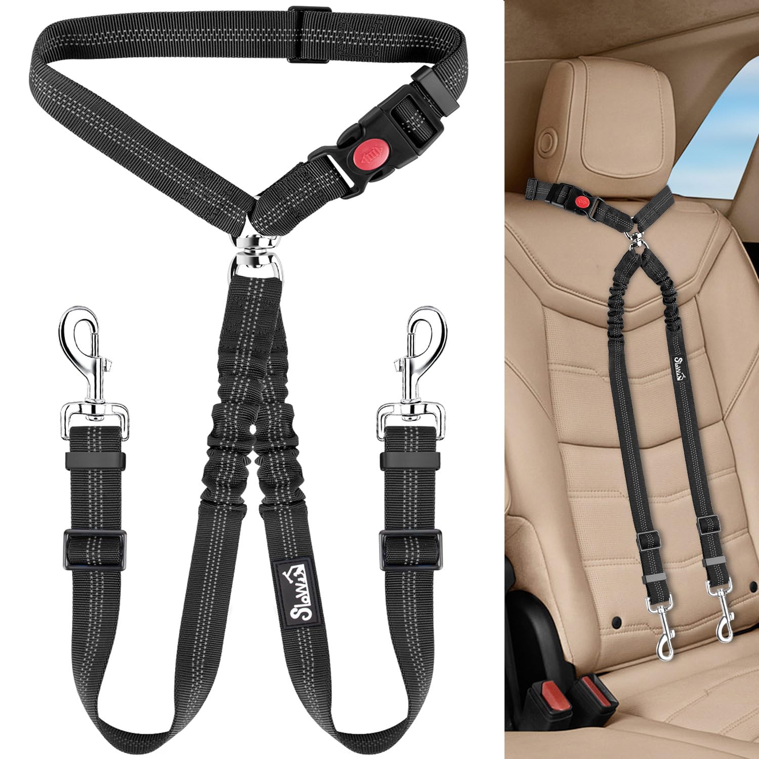 Lukovee Doble Cinturón para Perros en Coche – Seguridad para 2 Mascotas, 360° sin Enredos, Alto Ajuste