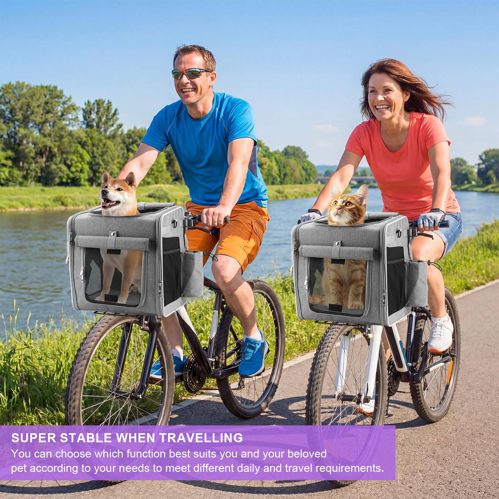Ramalto Cesta de bicicleta extensible para perros con soporte de montaje seguro, transportín mochila plegable multifunción para perros pequeños y gatos, con hebilla de seguridad y 4 ventanas de malla de ventilación