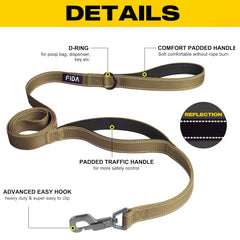 Fida 4 ft Dog Leash - Padded Double Handle, Easy Hook and Reflective