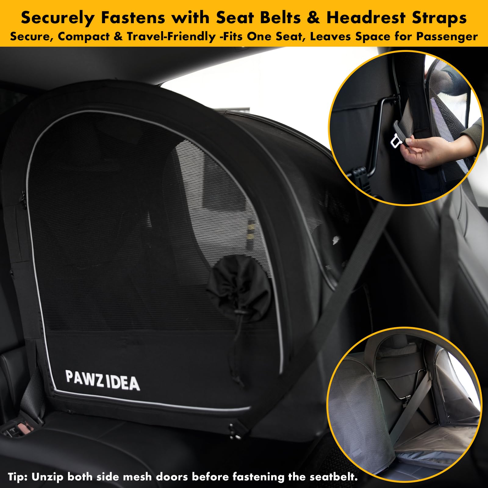 PAWZIDEA Transportín portátil para perros en coche (mediano–grande, hasta 36 kg)