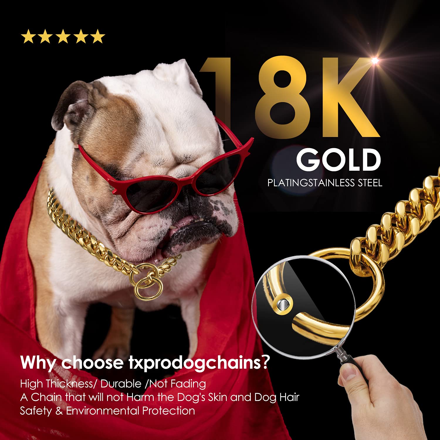 txprodogchains Collar de Perro 10mm Cadena Cubana en Oro Rosado sobre Acero Inoxidable – Paseo y Entrenamiento