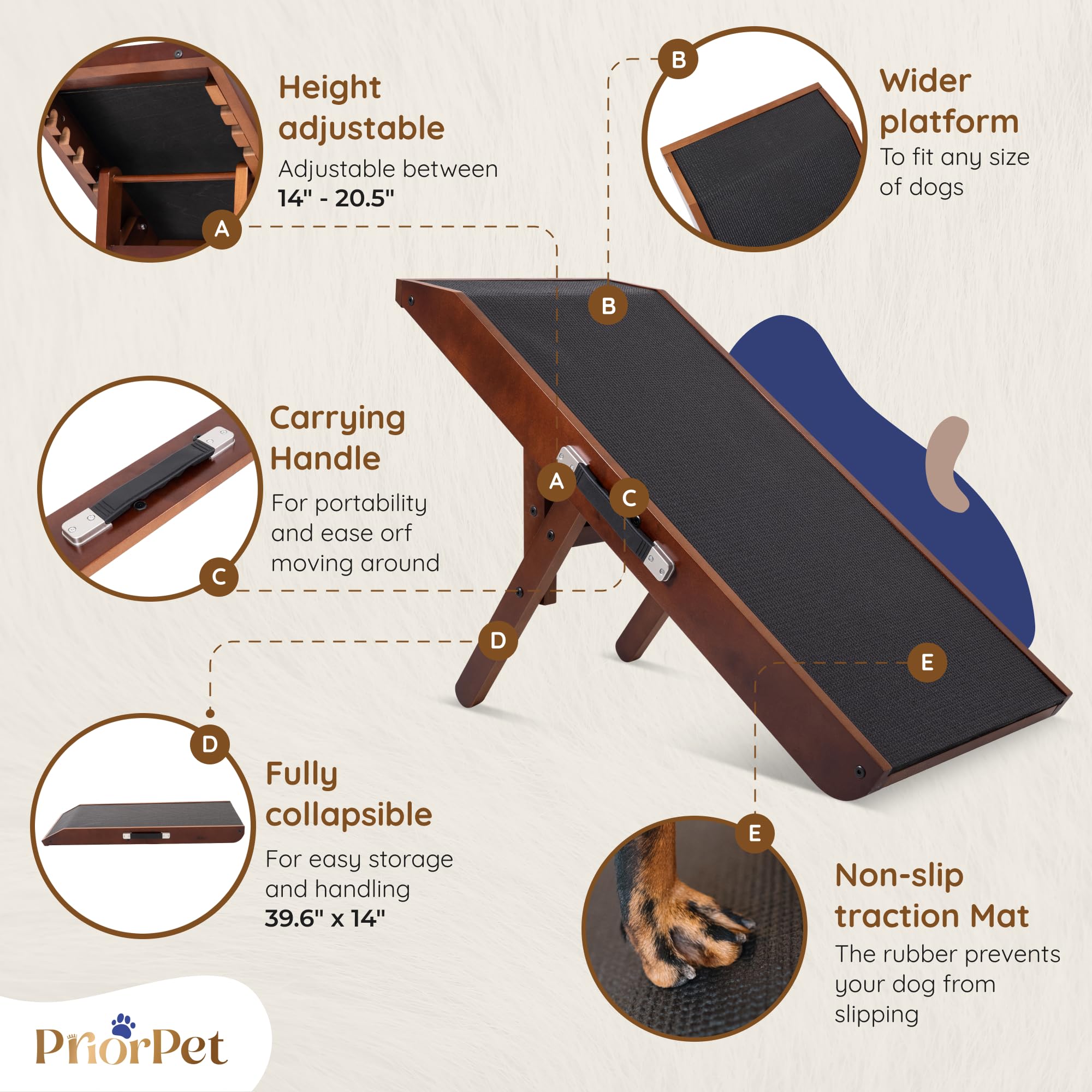 PRIORPET Dog Ramp for Couch – Non-Slip, Foldable Birchwood Ramp, 200 lb Capacity, Adjustable 7–20 in, Walnut