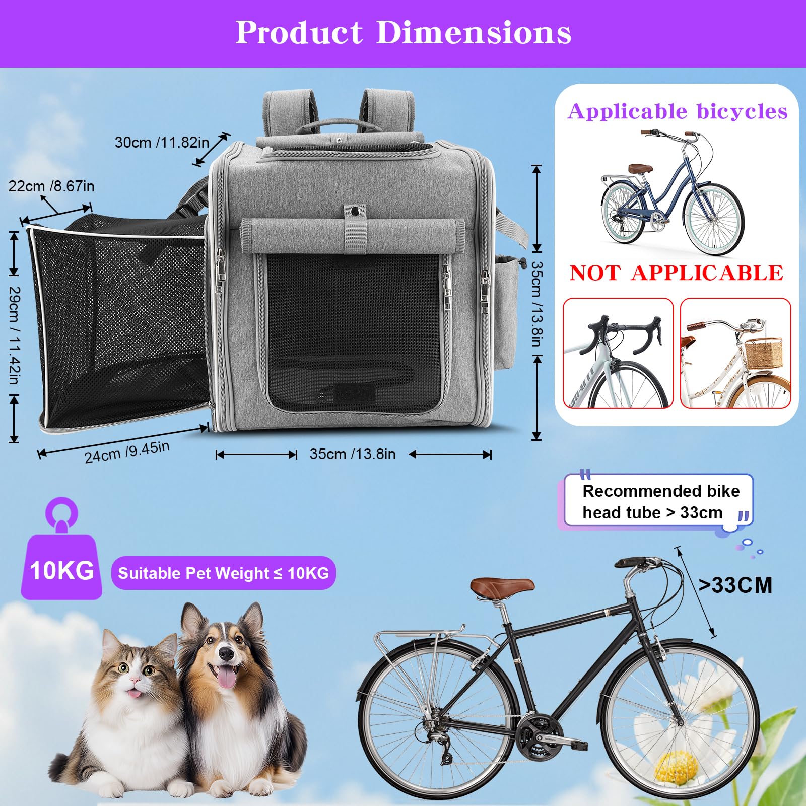 Ramalto Cesta de bicicleta extensible para perros con soporte de montaje seguro, transportín mochila plegable multifunción para perros pequeños y gatos, con hebilla de seguridad y 4 ventanas de malla de ventilación