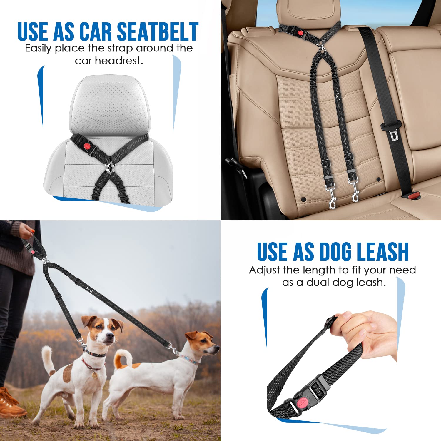 Lukovee Doble Cinturón para Perros en Coche – Seguridad para 2 Mascotas, 360° sin Enredos, Alto Ajuste