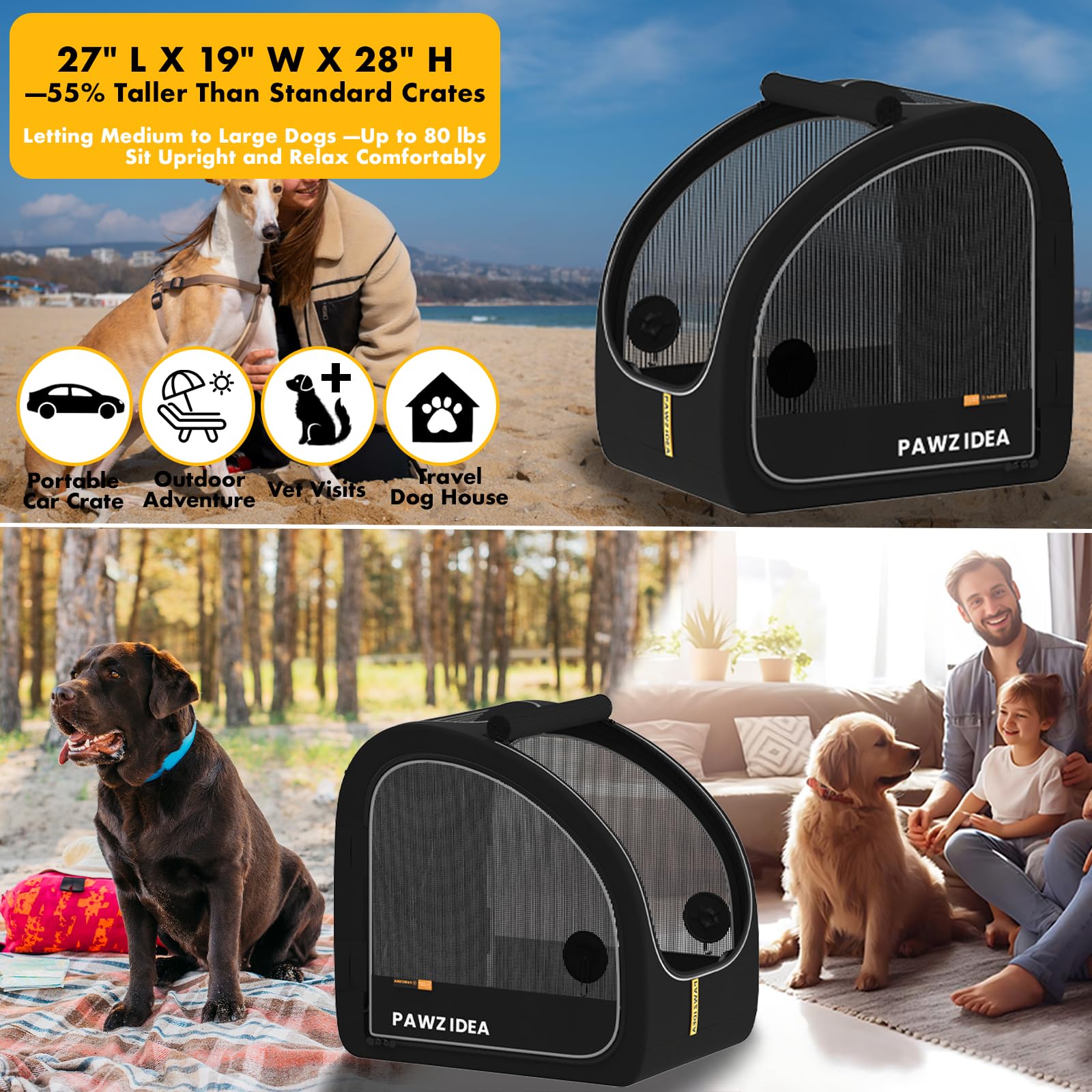 PAWZIDEA Transportín portátil para perros en coche (mediano–grande, hasta 36 kg)