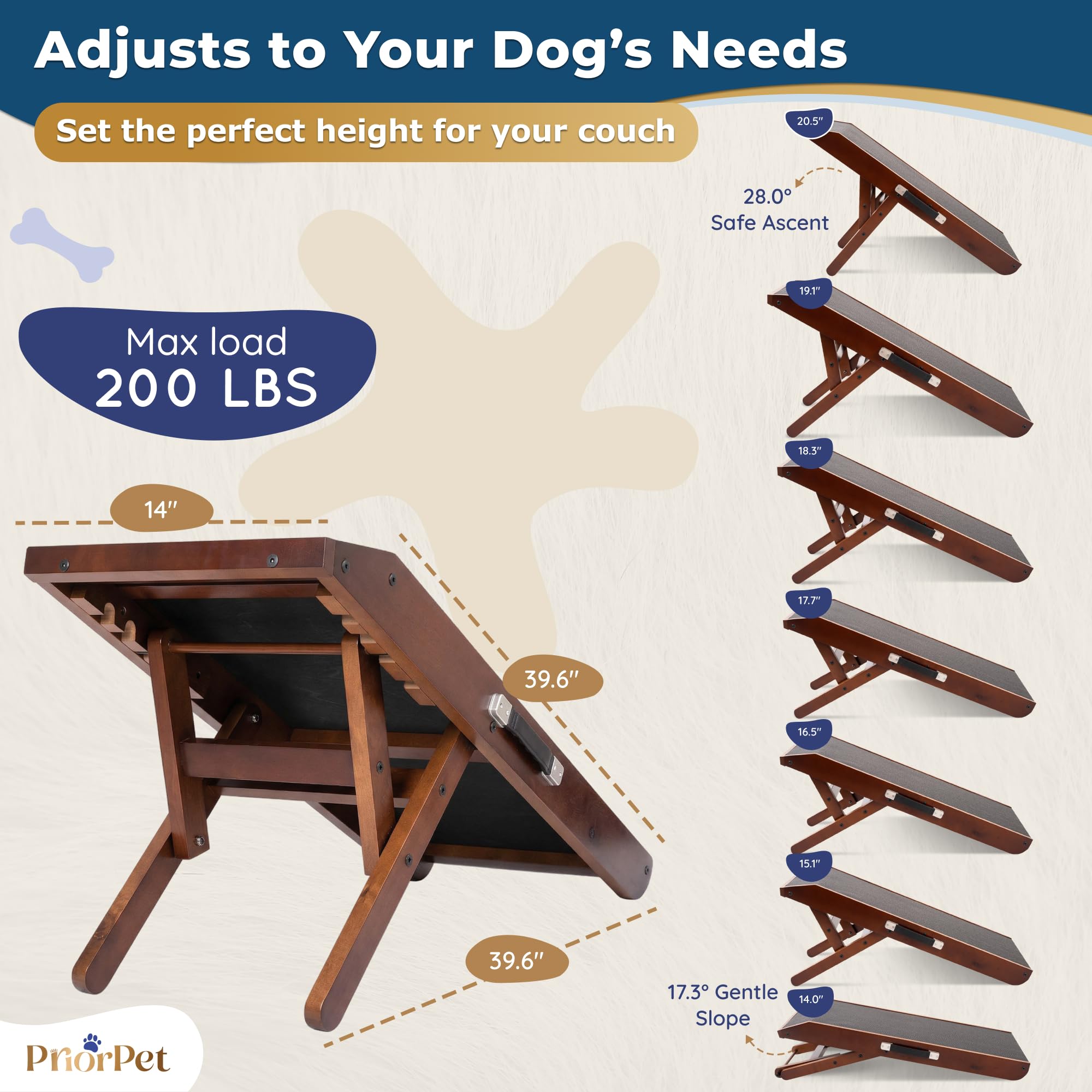 PRIORPET Dog Ramp for Couch – Non-Slip, Foldable Birchwood Ramp, 200 lb Capacity, Adjustable 7–20 in, Walnut