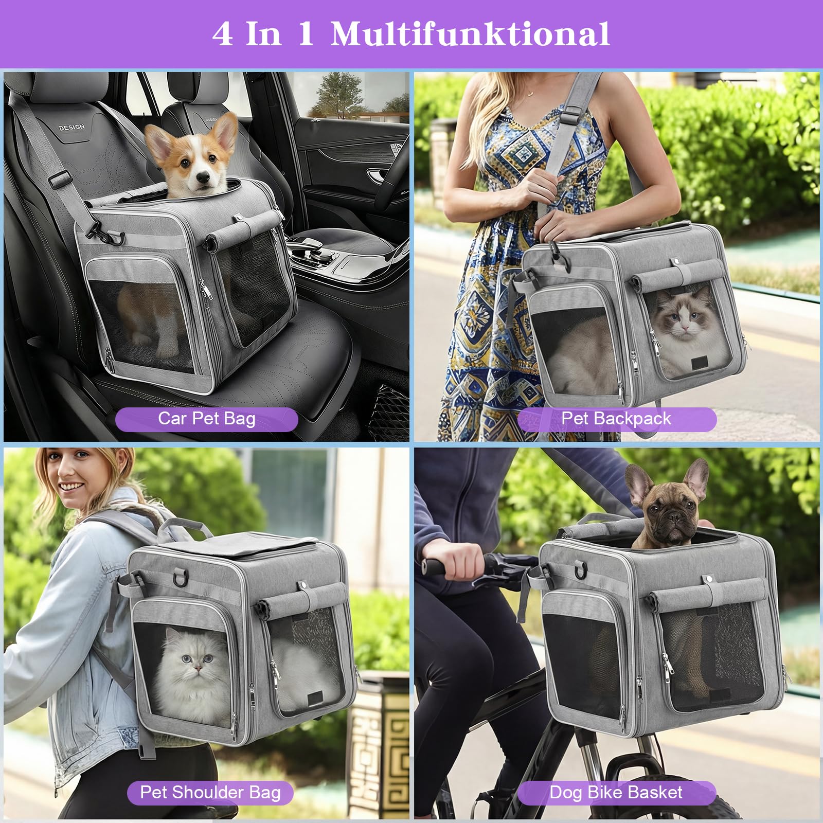 Ramalto Cesta de bicicleta extensible para perros con soporte de montaje seguro, transportín mochila plegable multifunción para perros pequeños y gatos, con hebilla de seguridad y 4 ventanas de malla de ventilación