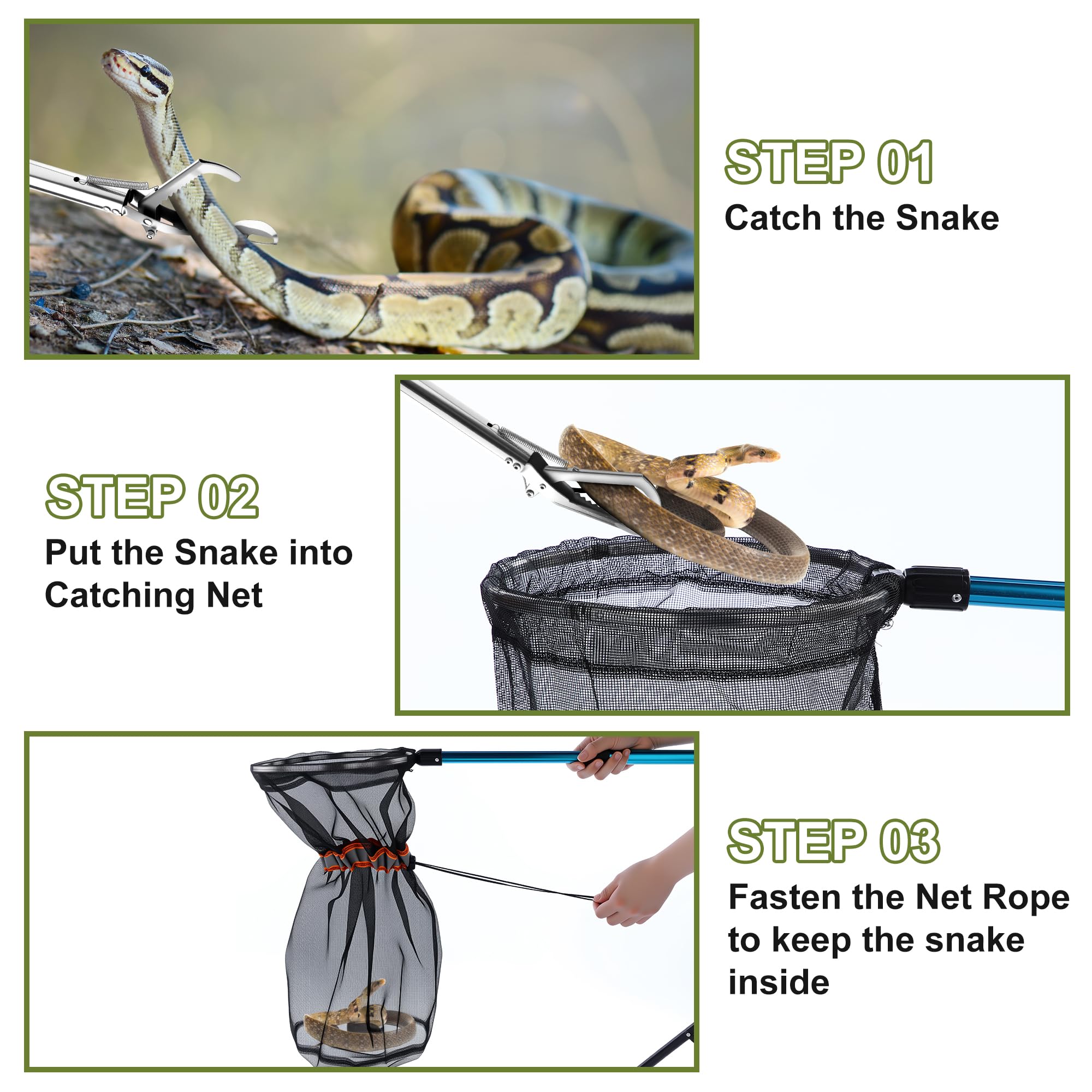 Qualirey Snake Catcher Set: 50-Inch Tongs and 40-60 cm Extendable Net