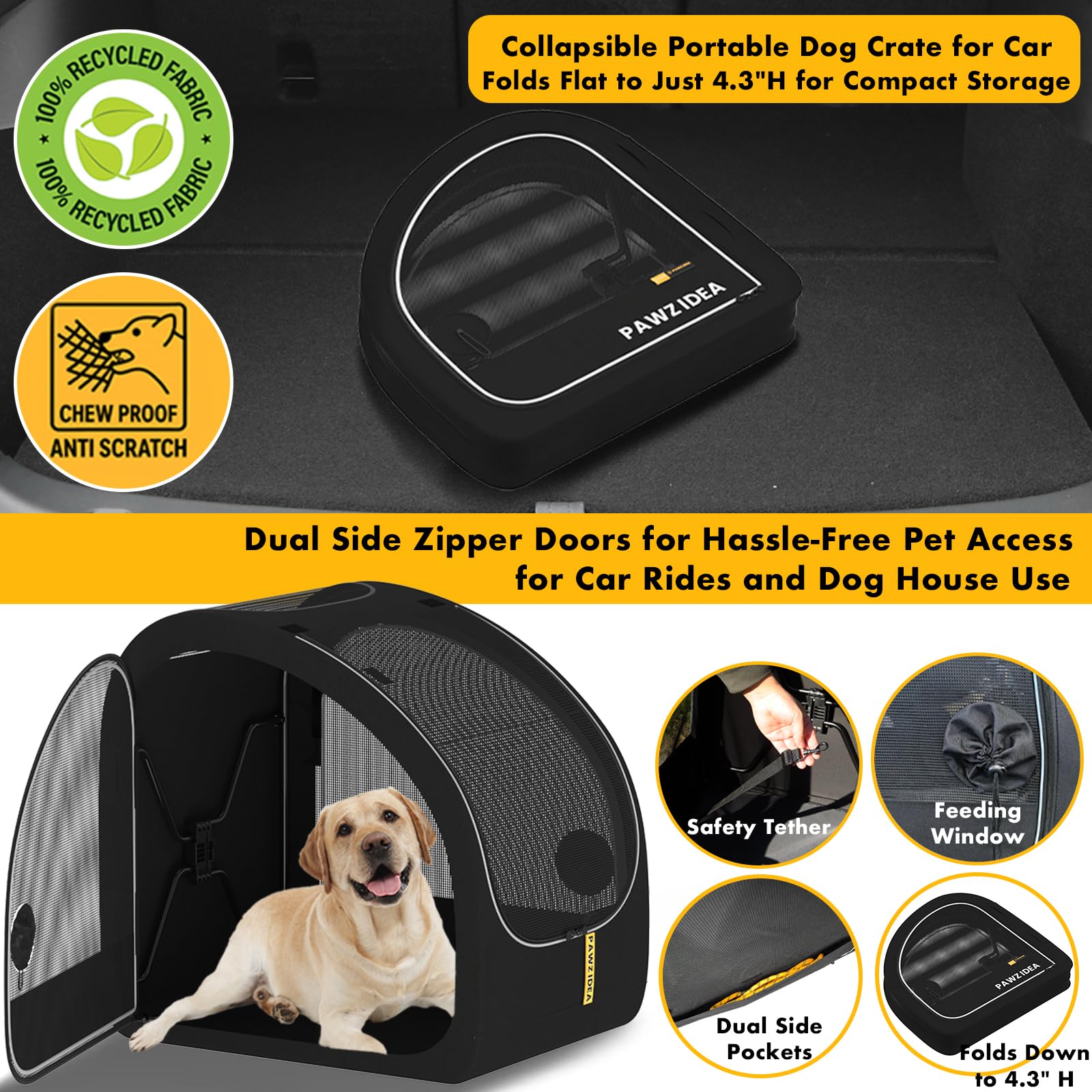 PAWZIDEA Transportín portátil para perros en coche (mediano–grande, hasta 36 kg)