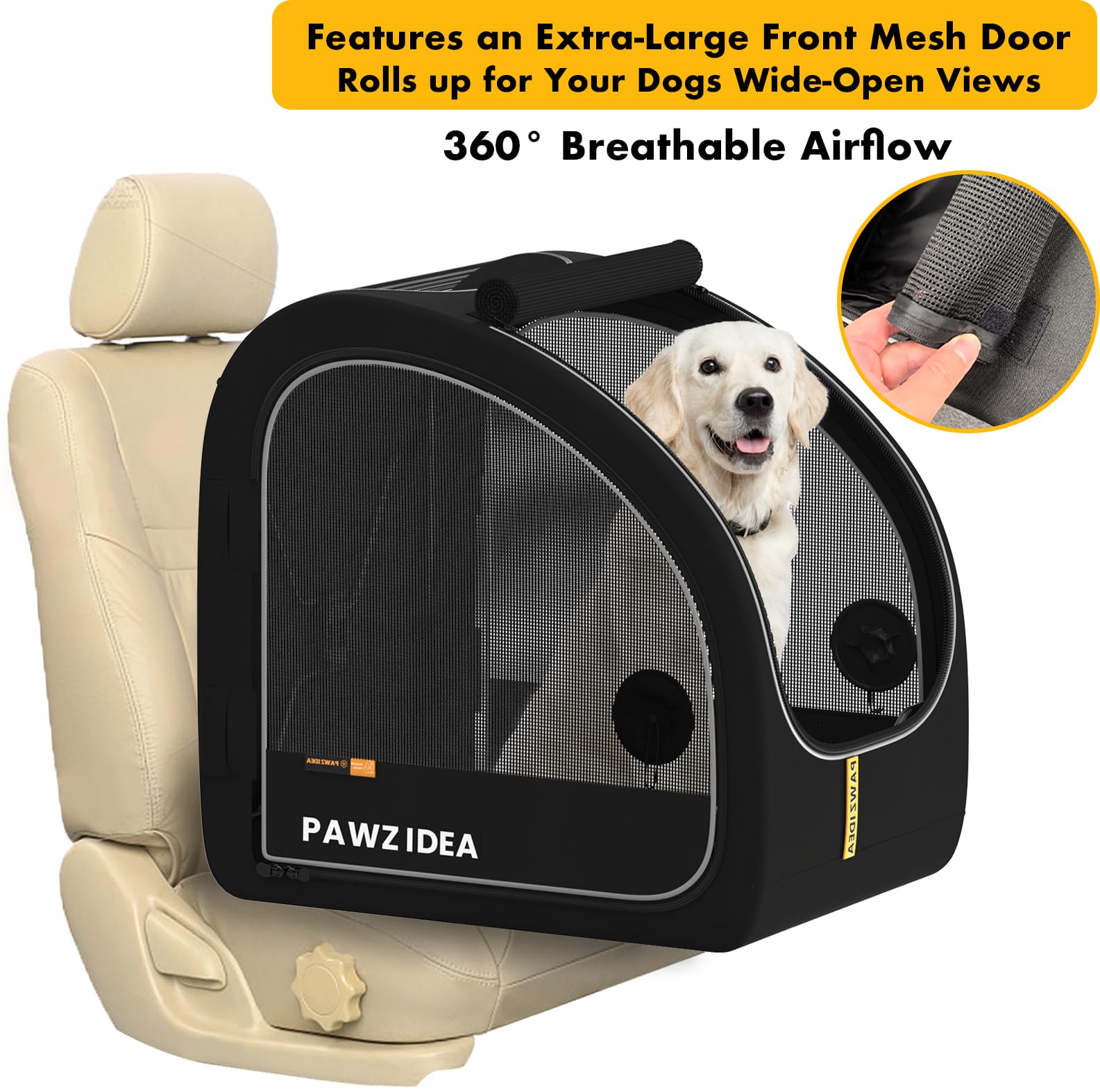 PAWZIDEA Transportín portátil para perros en coche (mediano–grande, hasta 36 kg)