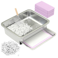 IMMHABI caja de arena de doble capa en acero inoxidable, frontal para limpieza rápida.