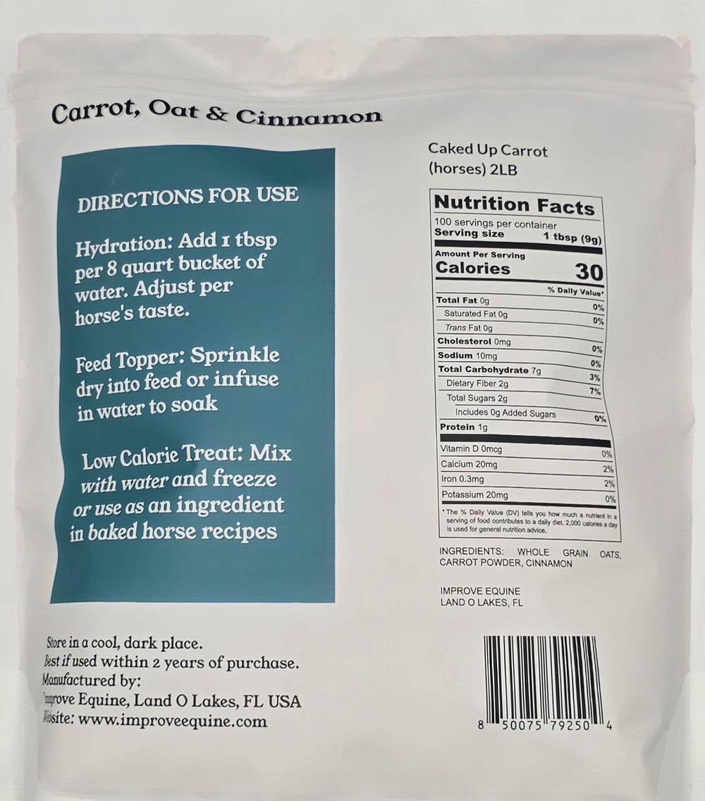 Mezcla de Improve Equine sabor zanahoria canela avena para beber sabroso.