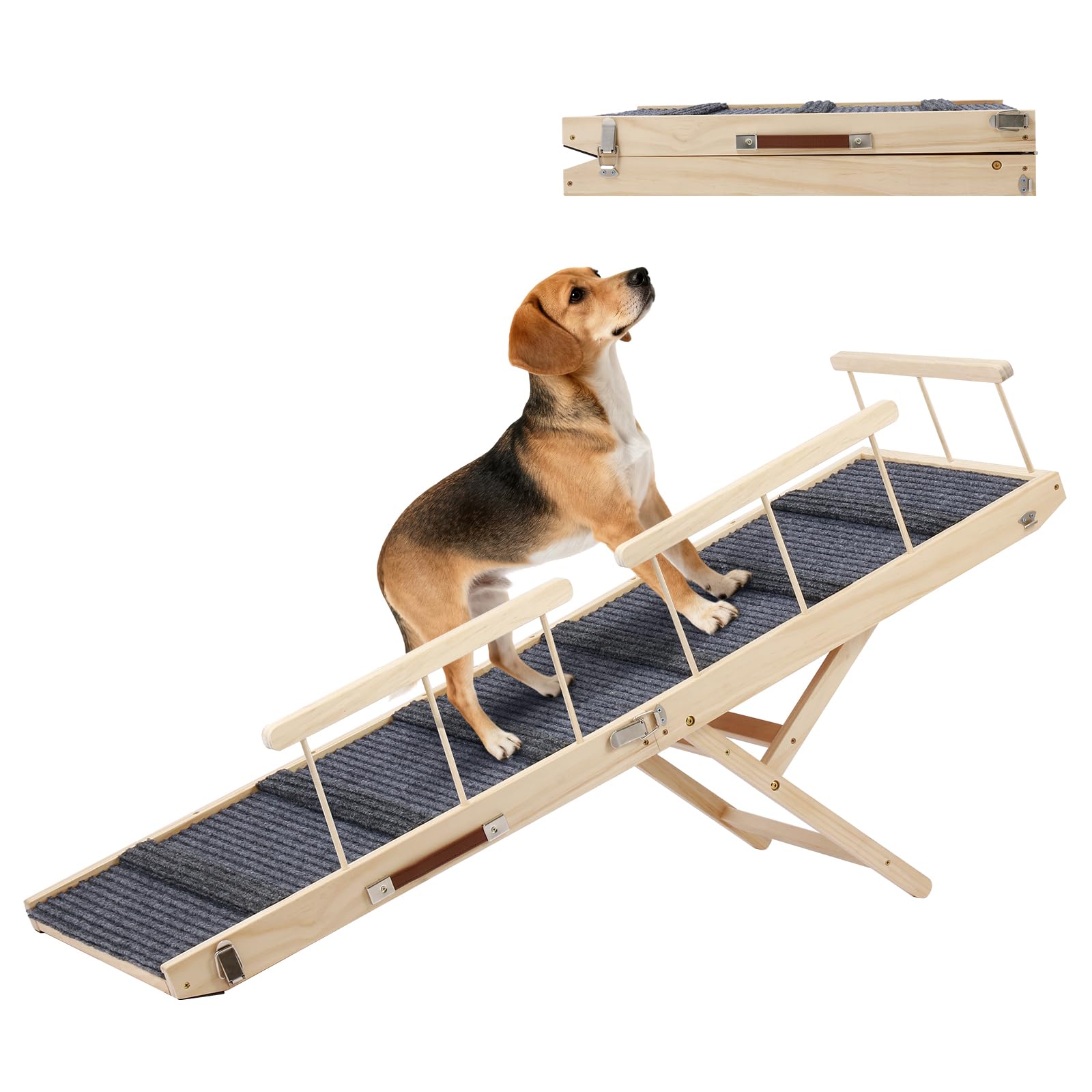 In hand rampa para perro con cama alta y barandillas seguras para apoyo.