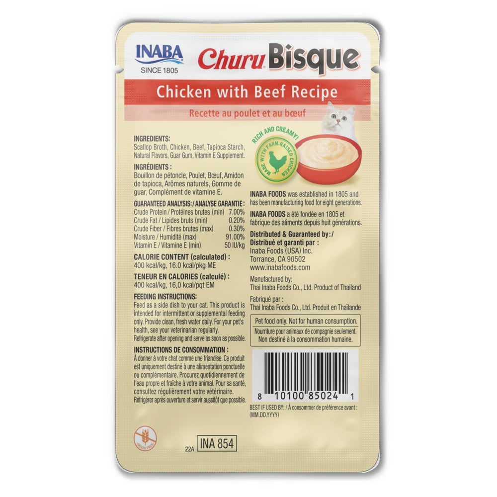 INABA Churu Bisque puré con sabor pollo y res, ideal para gatos.