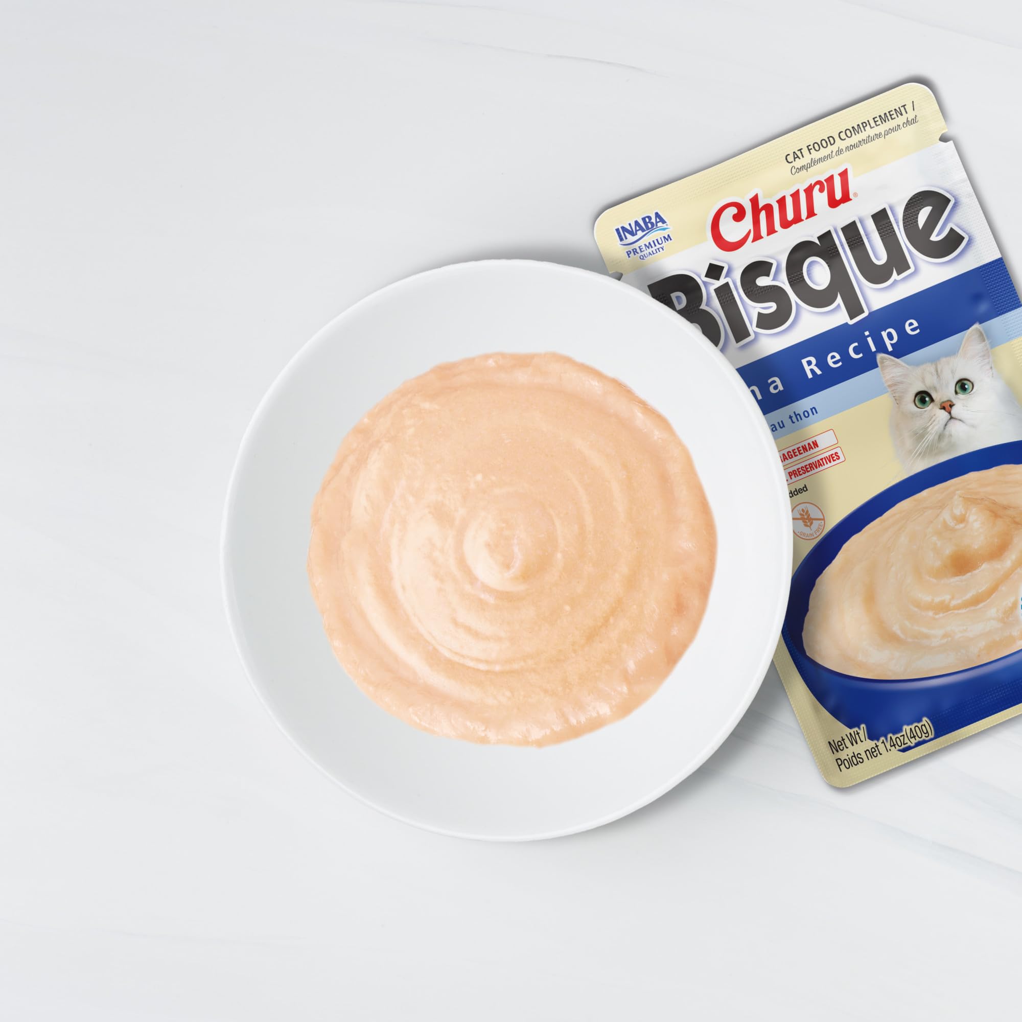 INABA Churu Bisque, porciones individuales, práctico para snacks o toppers.