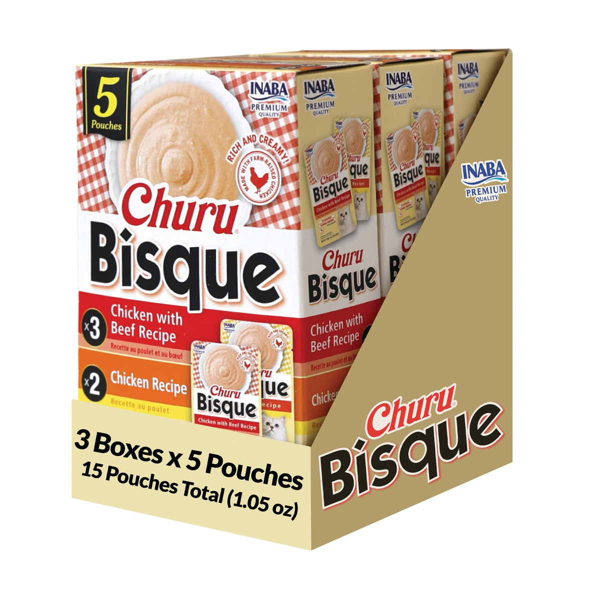 INABA Churu Bisque para gatos, puré cremoso, ideal como complemento sabroso para la comida.