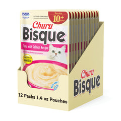 INABA Churu Bisque Senior 10+ ofrece puré cremoso para complementar la comida de tu gato.