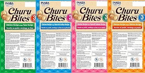INABA Churu Bites: empaque con 12 tubos para porciones frescas y fáciles de usar.