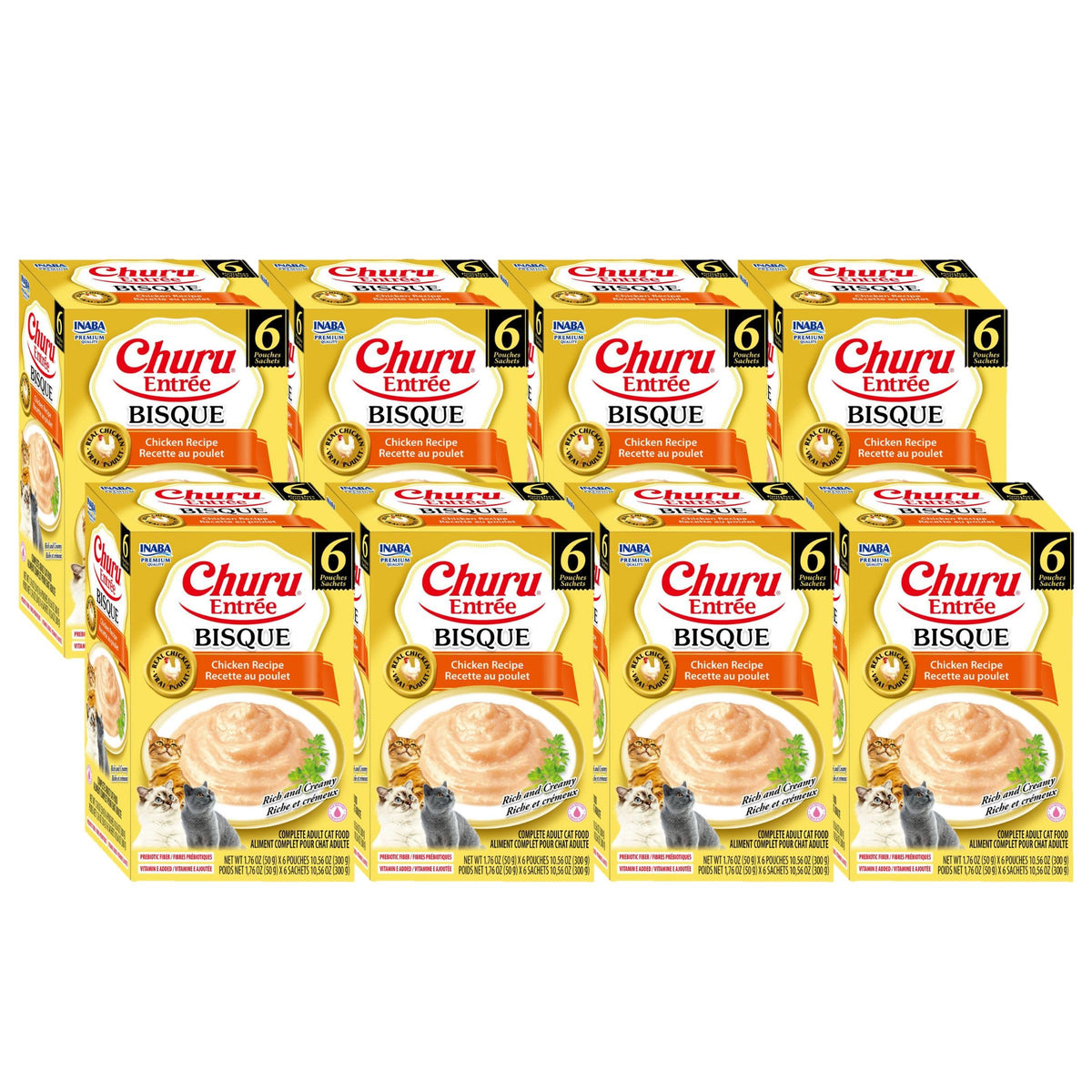 INABA Churu Entrée Bisque en sobre, puré cremoso que favorece la hidratación diaria del gato.