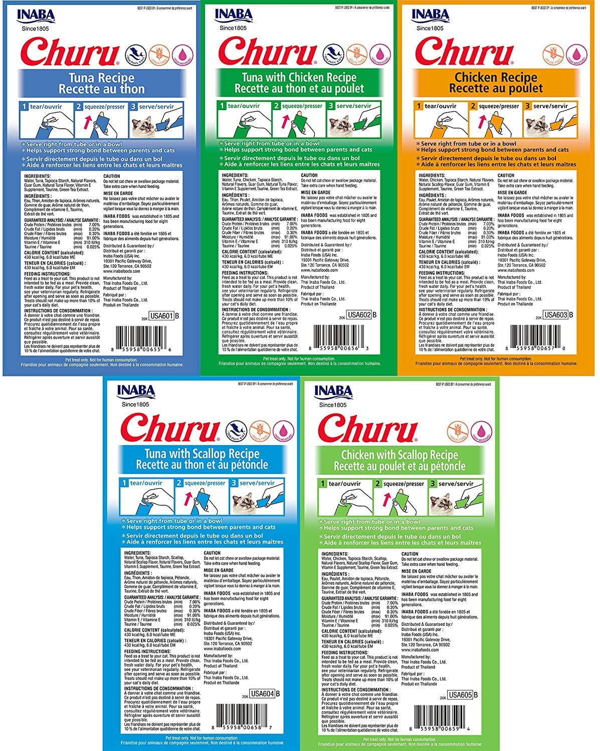 Pack de 20 tubos INABA Churu, variedad de sabores para gatos.