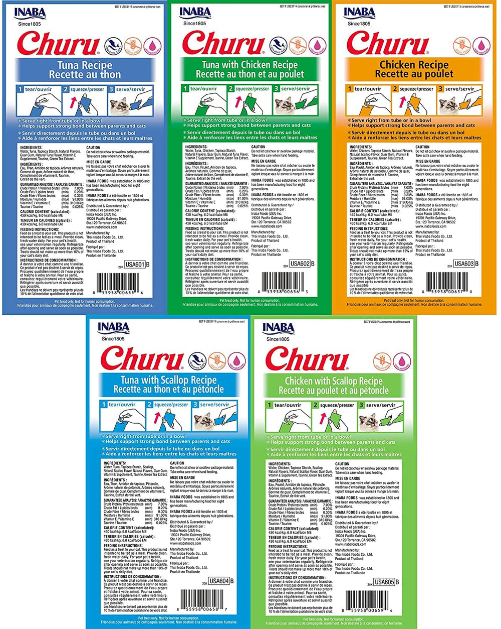 Pack de 20 tubos INABA Churu, variedad de sabores para gatos.