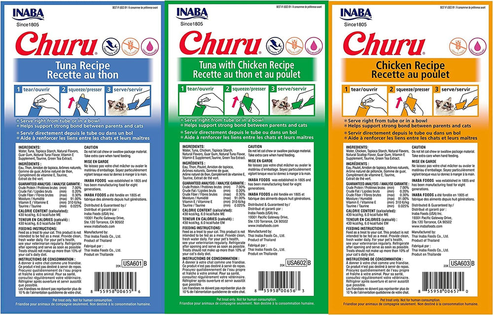 Pack de 24 tubitos INABA Churu para gatos, práctico para alimentar en casa.