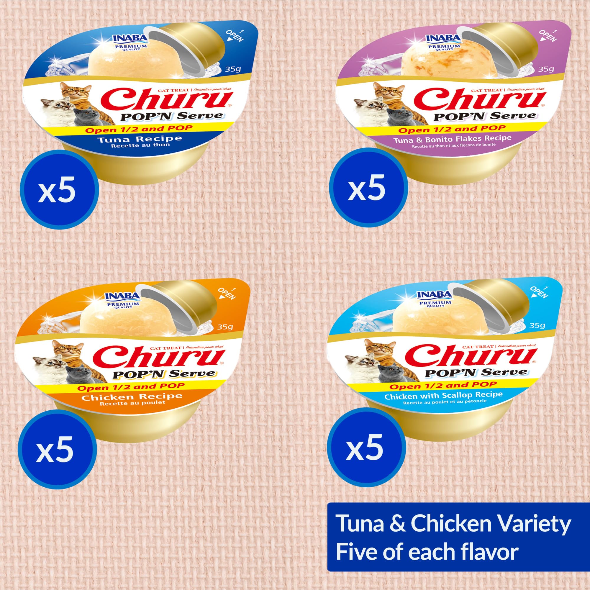 Porciones de 1.2 oz de INABA Churu Pop'N Serve para controlar premios