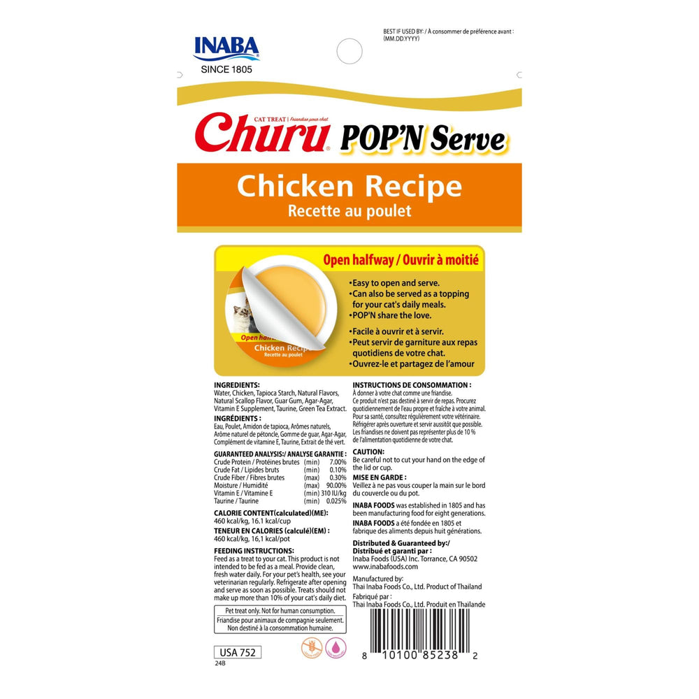 Sabores de pollo y atún: INABA Churu Pop'N Serve para variedad.