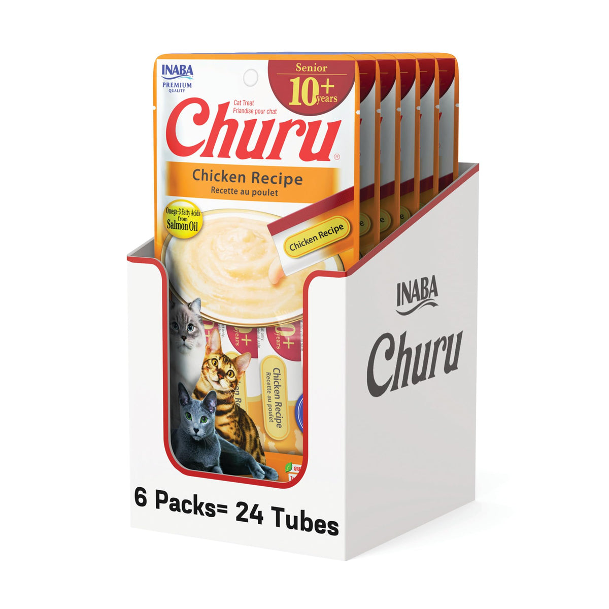 INABA Churu Senior tubo cremoso de pollo para hidratación y sabor.