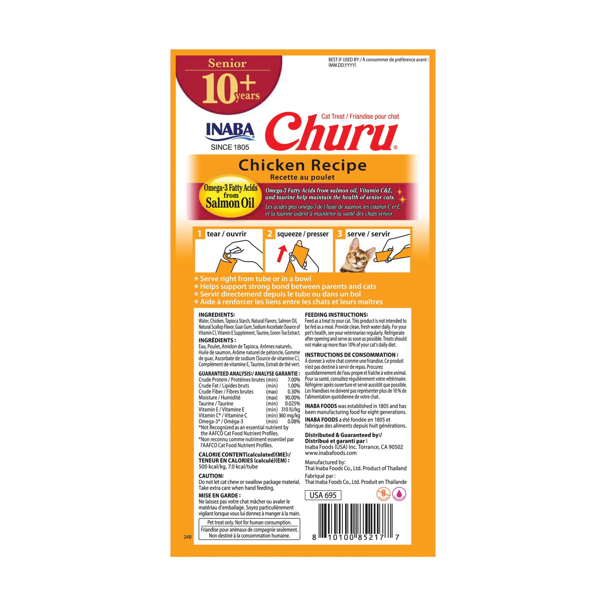 Imagen de ingredientes de INABA Churu Senior como Omega-3 y Taurina.