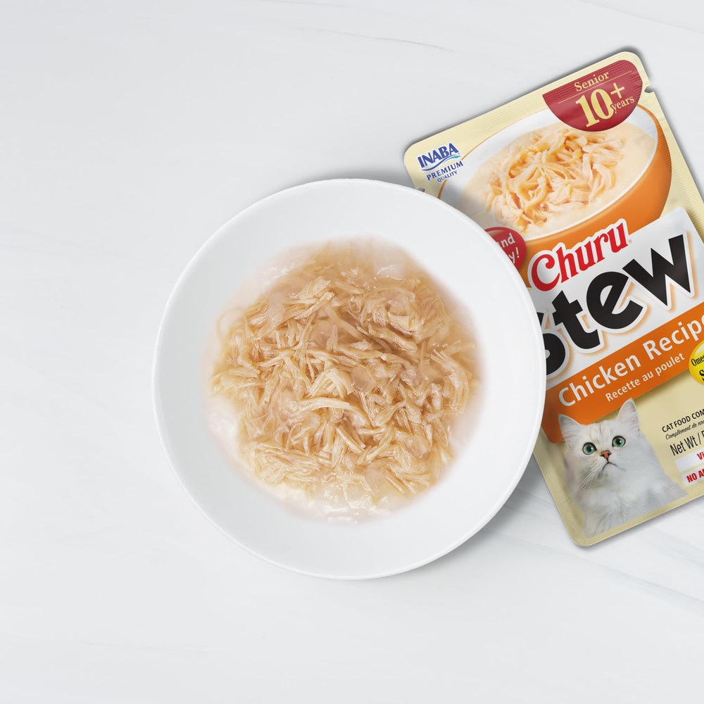 INABA Churu Stew Senior 10+ aporta Vitamina C y E para apoyo inmunológico