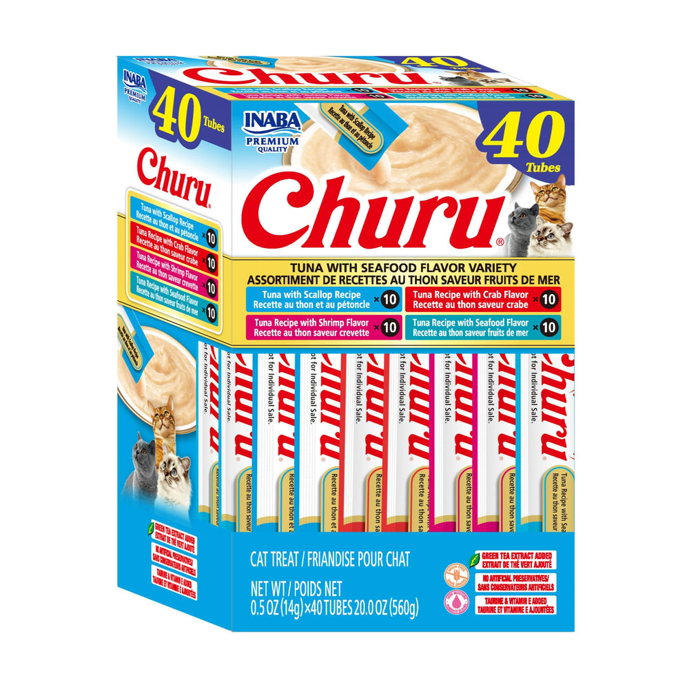 INABA Churu: tubo de atún y mariscos, premio cremoso para hidratar y premiar.