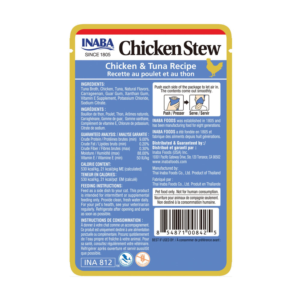 INABA estofado de pollo y atún, complemento nutricional para gatos.